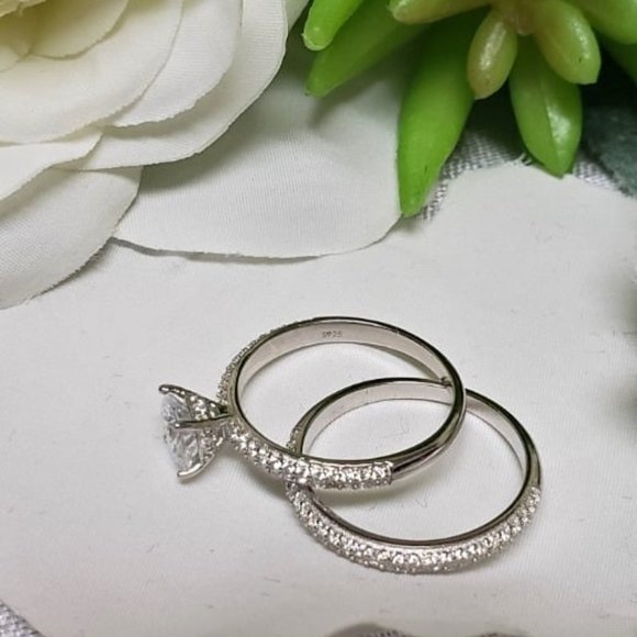 925 Sterling Silver Round Zircon Engagement Rings Set Wedding Rings Set - Picture 2 of 5